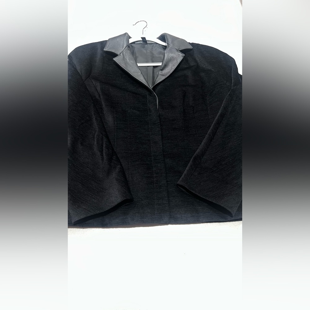 LINDA ALLARD ELLEN TRACY BLAZER JACKET  SZ 14 black wool blend leather trim